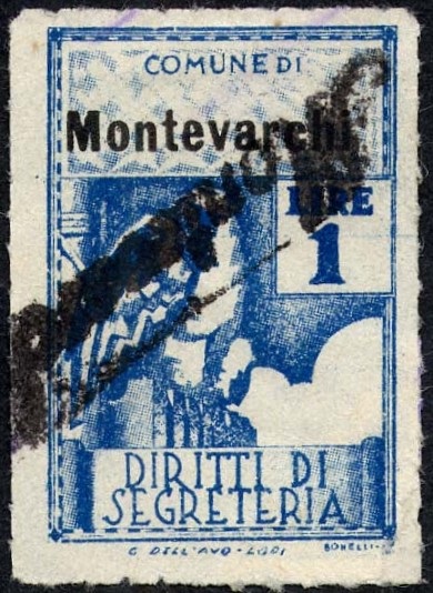 Marca da Bollo del Comune di MONTEVARCHI su Carta Bianca di dimensioni 21 X 32 mm