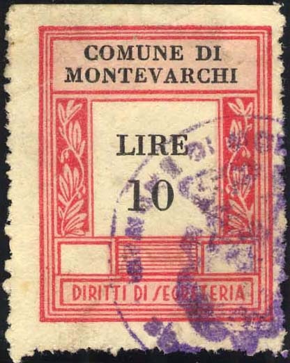 Marca da Bollo del Comune di MONTEVARCHI su Carta Bianca di dimensioni 23 x 29,5 mm