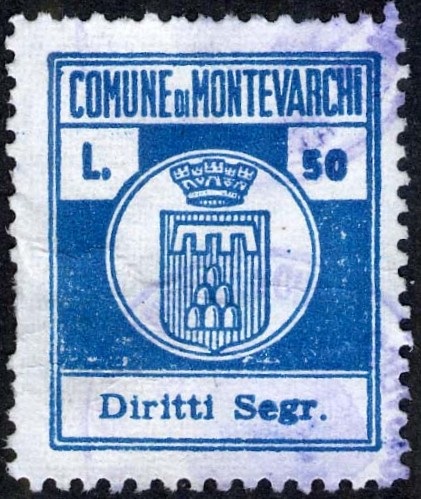 Marca da Bollo del Comune di MONTEVARCHI su Carta Bianca di dimensioni 22 x 26,5 mm