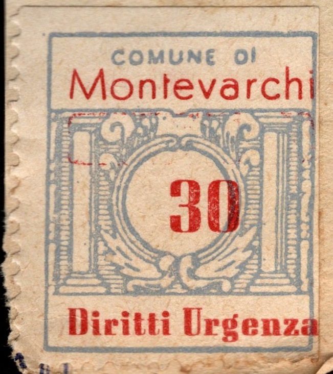 Marca da Bollo del Comune di MONTEVARCHI su Carta Bianca di dimensioni 22 x 26,5 mm