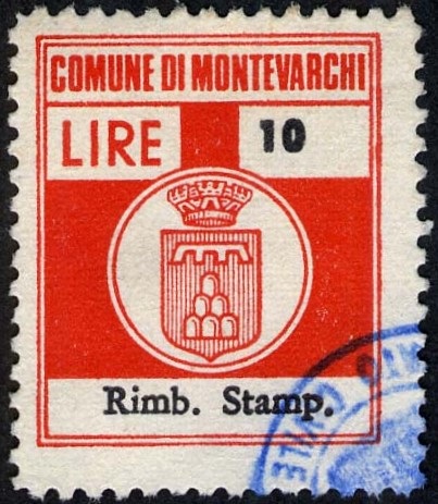 Marca da Bollo del Comune di MONTEVARCHI su Carta Bianca di dimensioni 22 x 26 mm