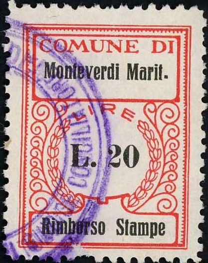 Marca da Bollo del Comune di MONTEVERDI MARITTIMO su Carta Bianca di dimensioni 24 x 32 mm