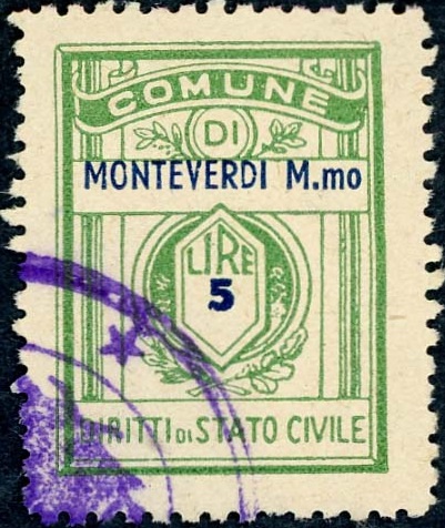 Marca da Bollo del Comune di MONTEVERDI MARITTIMO su Carta Bianca Sottile di dimensioni 20,5 x 27,5 mm