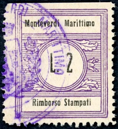 Marca da Bollo del Comune di MONTEVERDI MARITTIMO su Carta Bianca di dimensioni 22 x 25 mm