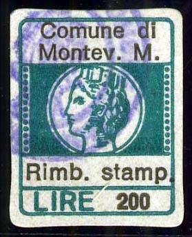 Marca da Bollo del Comune di MONTEVERDI MARITTIMO su Carta Bianca di dimensioni 15,5 x 20 mm