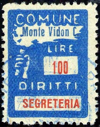 Marca da Bollo del Comune di MONTE VIDON COMBATTE su Carta Bianca di dimensioni 18,5 x 26 mm