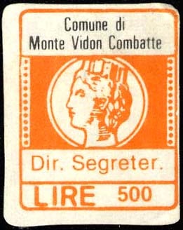 Marca da Bollo del Comune di MONTE VIDON COMBATTE su Carta Bianca di dimensioni 15,5 x 20 mm