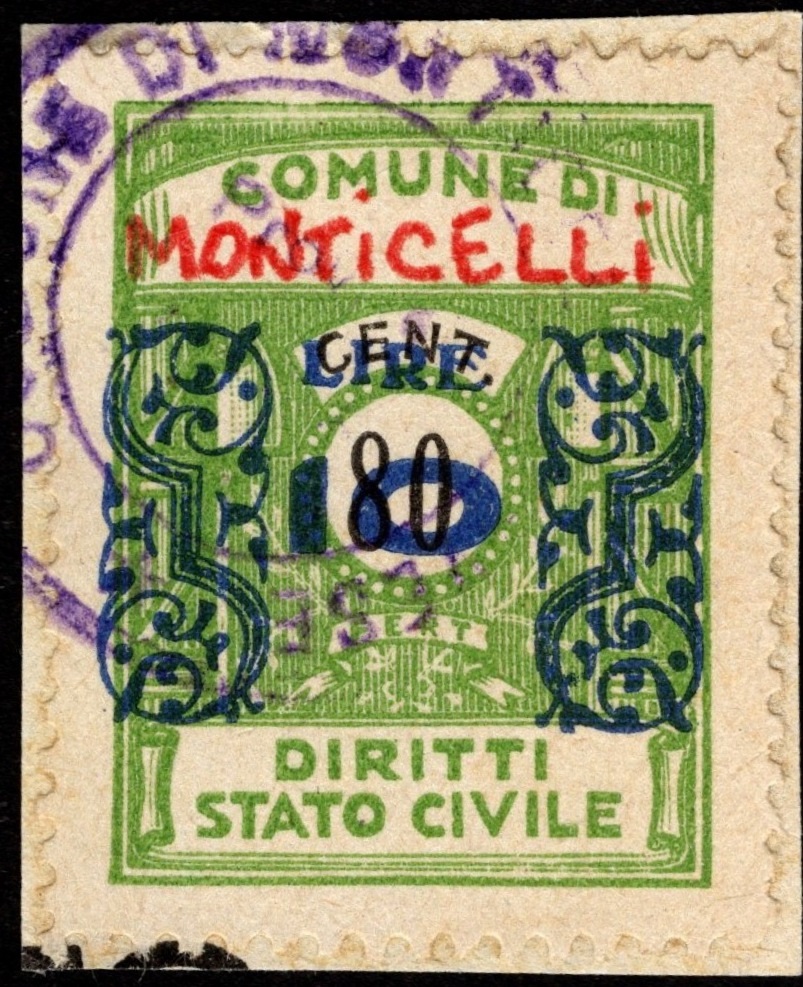 Marca da Bollo del Comune di MONTICELLI BRUSATI su Carta Bianca di dimensioni 22 x 29 mm