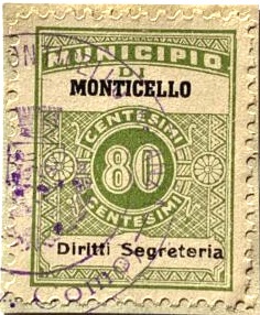 Marca da Bollo del Comune di MONTICELLO BRIANZA su Carta Bianca di dimensioni 21 X 27 mm