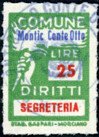 Marca da Bollo del Comune di MONTICELLO CONTE OTTO su Carta Bianca Sottile di dimensioni 18,5 x 26 mm