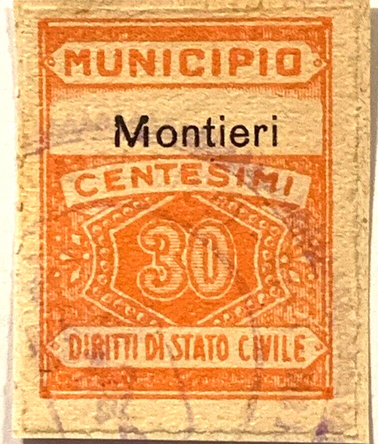 Marca da Bollo del Comune di MONTIERI su Carta Bianca Sottile di dimensioni 22,5 x 29 mm