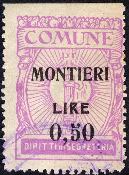 Marca da Bollo del Comune di MONTIERI su Carta Bianca Sottile di dimensioni 24 x 32,5 mm