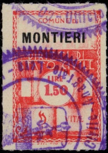 Marca da Bollo del Comune di MONTIERI su Carta Bianca di dimensioni 21 X 32 mm