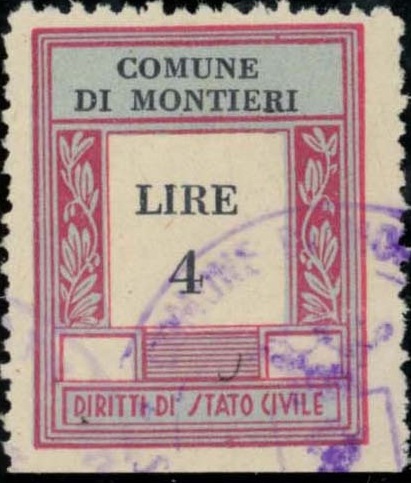 Marca da Bollo del Comune di MONTIERI su Carta Bianca di dimensioni 23 x 29,5 mm