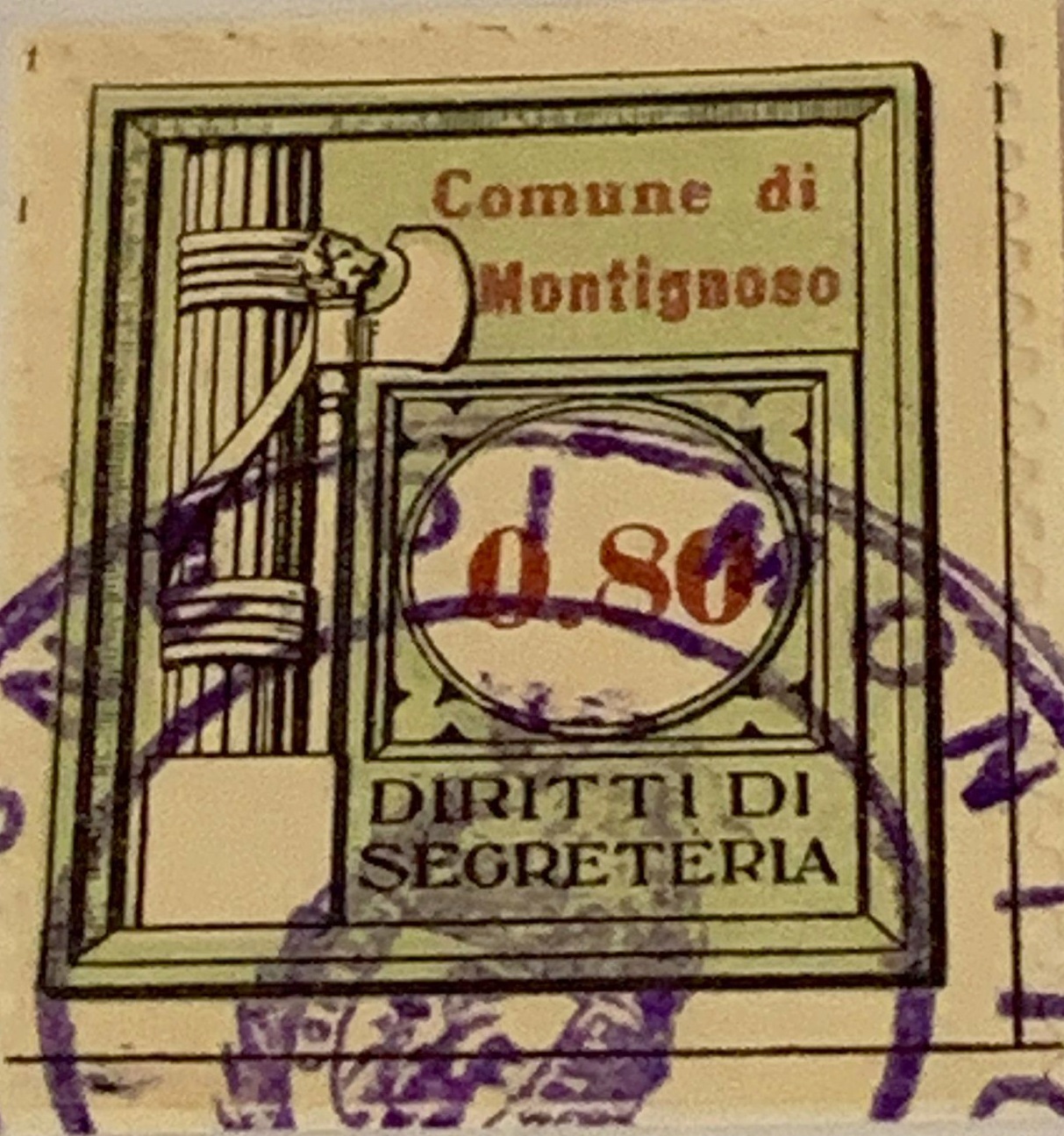Marca da Bollo del Comune di MONTIGNOSO su Carta Bianca di dimensioni 24 x 29 mm