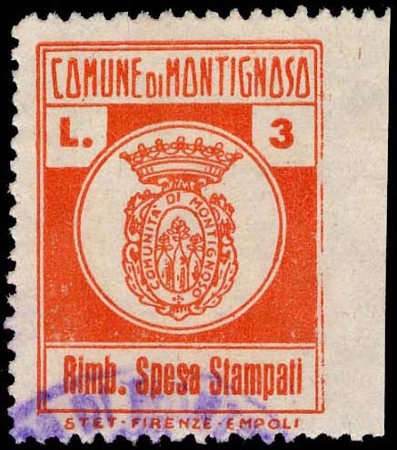 Marca da Bollo del Comune di MONTIGNOSO su Carta Bianca Sottile di dimensioni 22,5 x 30 mm