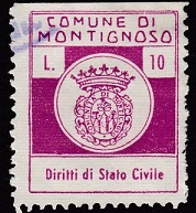 Marca da Bollo del Comune di MONTIGNOSO su Carta Bianca Sottile di dimensioni 21,5 x 26 mm