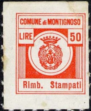 Marca da Bollo del Comune di MONTIGNOSO su Carta Bianca di dimensioni 16 x 18 mm