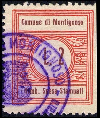 Marca da Bollo del Comune di MONTIGNOSO su Carta Bianca di dimensioni 22 x 26 mm