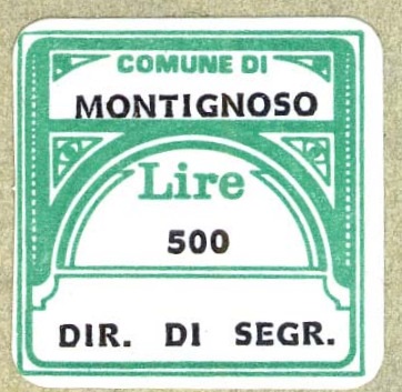 Marca da Bollo del Comune di MONTIGNOSO su Carta Bianca di dimensioni 21 x 21 mm