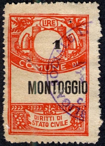 Marca da Bollo del Comune di MONTOGGIO su Carta Bianca di dimensioni 22,5 x 32 mm