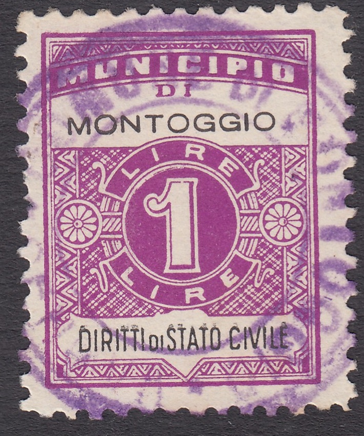Marca da Bollo del Comune di MONTOGGIO su Carta Bianca di dimensioni 22,5 x 29 mm