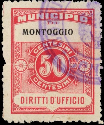 Marca da Bollo del Comune di MONTOGGIO su Carta Bianca Sottile di dimensioni 22,5 x 29 mm