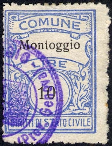 Marca da Bollo del Comune di MONTOGGIO su Carta Bianca di dimensioni 22,5 x 29 mm