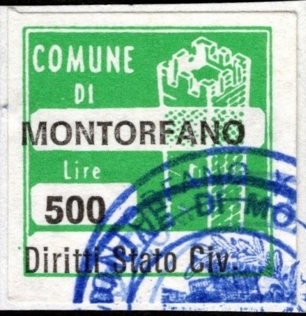 Marca da Bollo del Comune di MONTORFANO su Carta Bianca di dimensioni 20 x 20 mm