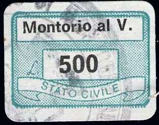 Marca da Bollo del Comune di MONTORIO AL VOMANO su Carta Bianca di dimensioni 19 x 13 mm