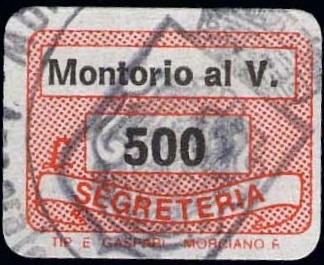 Marca da Bollo del Comune di MONTORIO AL VOMANO su Carta Bianca di dimensioni 19 x 14,5 mm