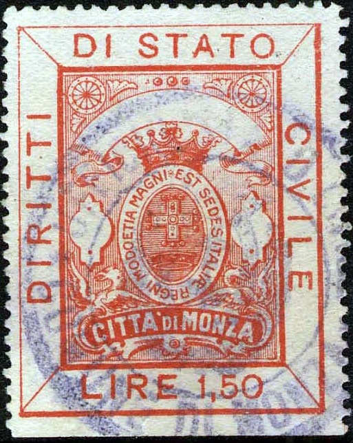 Marca da Bollo del Comune di MONZA su Carta Bianca Sittile di dimensioni 30,5 x 40 mm