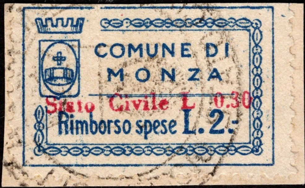 Marca da Bollo del Comune di MONZA su Carta Bianca di dimensioni 31 x 20 mm