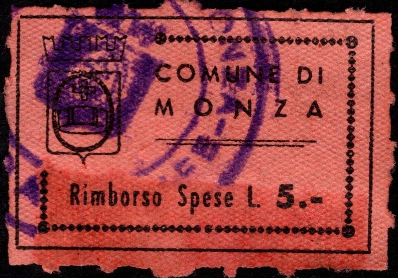 Marca da Bollo del Comune di MONZA su Carta Colorata di dimensioni 29,5 x 19,5 mm