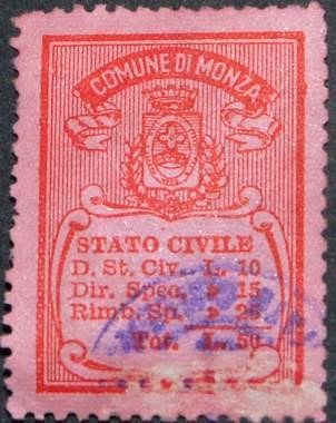 Marca da Bollo del Comune di MONZA su Carta Colorata di dimensioni 27,5 x 38 mm