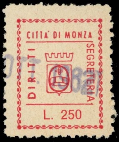 Marca da Bollo del Comune di MONZA su Carta Bianca di dimensioni 17,5 x 22,5 mm