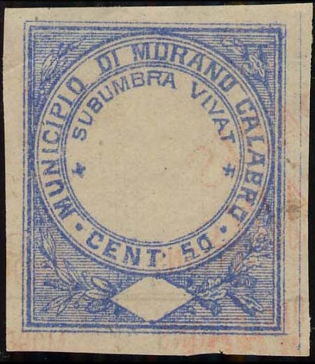 Marca da Bollo del Comune di MORANO CALABRO su Carta Bianca di dimensioni 26,5 x 31,5 mm