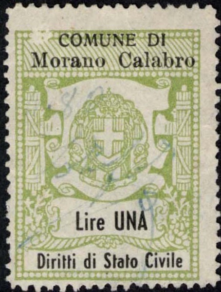 Marca da Bollo del Comune di MORANO CALABRO su Carta Bianca Sottile di dimensioni 26, x 35 mm
