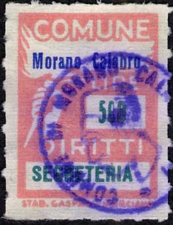 Marca da Bollo del Comune di MORANO CALABRO su Carta Bianca Sottile di dimensioni 18 X 25,5 mm