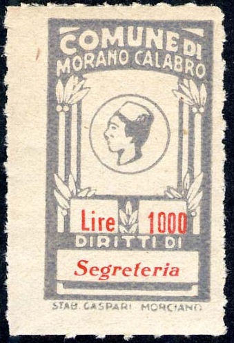 Marca da Bollo del Comune di MORANO CALABRO su Carta Bianca di dimensioni 16,5 x 29 mm