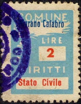 Marca da Bollo del Comune di MORANO CALABRO su Carta Bianca Sottile di dimensioni 18 X 25,5 mm