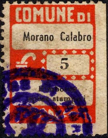 Marca da Bollo del Comune di MORANO CALABRO su Carta Bianca di dimensioni 20 x 28 mm