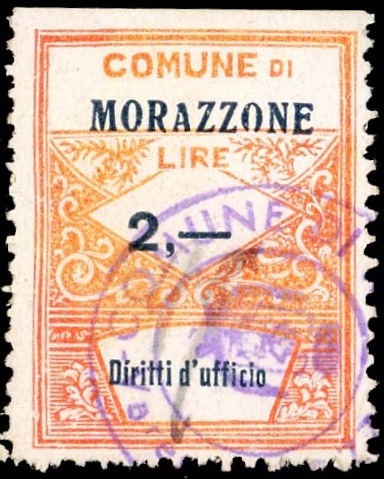 Marca da Bollo del Comune di MORAZZONE su Carta Bianca Sottile di dimensioni 22 x 29 mm