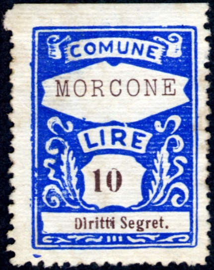 Marca da Bollo del Comune di MORCONE su Carta Bianca Sottile di dimensioni 22,5 x 30,5 mm