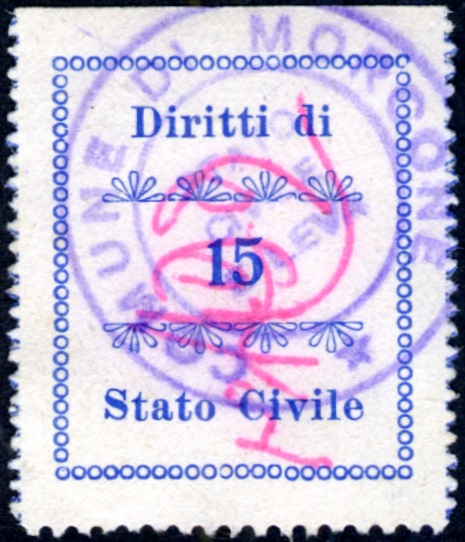 Marca da Bollo del Comune di MORCONE su Carta Bianca di dimensioni 24,5 x 29,5 mm