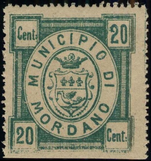 Marca da Bollo del Comune di MORDANO su Carta Bianca di dimensioni 30 x 34 mm