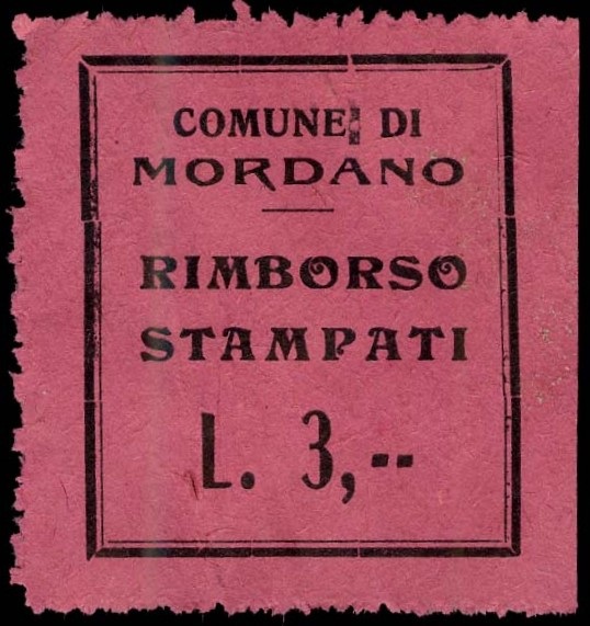 Marca da Bollo del Comune di MORDANO su Carta Colorata di dimensioni 20 x 22 mm