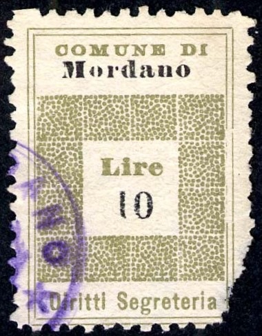 Marca da Bollo del Comune di MORDANO su Carta Bianca di dimensioni 19,5 x 28,5 mm