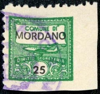 Marca da Bollo del Comune di MORDANO su Carta Bianca di dimensioni 14,5 x 14,5 mm