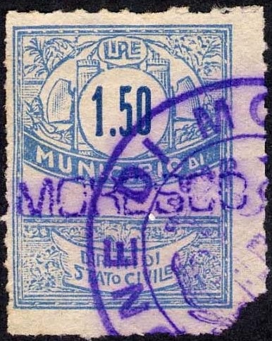 Marca da Bollo del Comune di MORESCO su Carta Bianca di dimensioni 22 x 28 mm